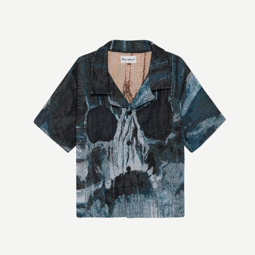 Skull Shirt - woven tapestry short-sleeve button-up shirt with large skull graphic in blue, grey, and black tones, camp collar