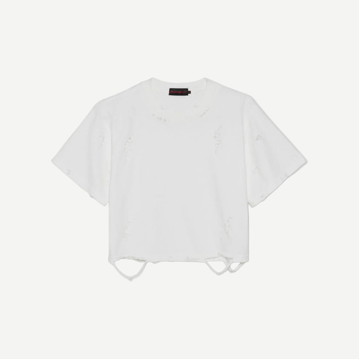 Distressed Cropped T-Shirt (Men’s) - white short-sleeve cropped t-shirt with heavy distressing, holes throughout, and shredded hem details