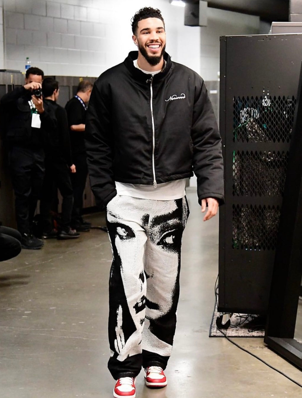 "Her" Pants - black and white woven tapestry pants featuring a large high-contrast portrait graphic of a woman's face