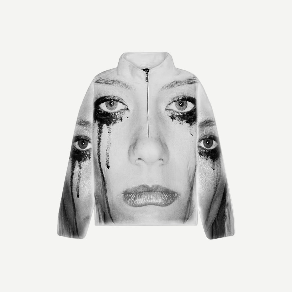 Cry Me A River Half Zip - white half-zip fleece pullover featuring an all-over black and white photo print of a woman's face with running mascara tears