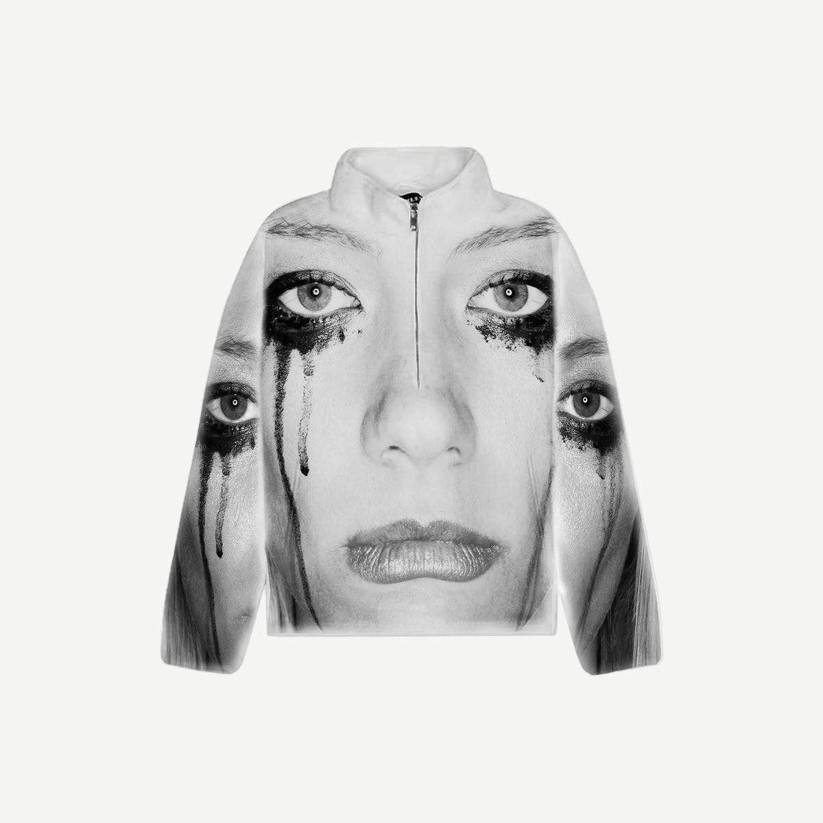 Cry Me A River Half Zip - white half-zip fleece pullover featuring an all-over black and white photo print of a woman's face with running mascara tears