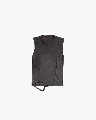 Distressed Tank Top - washed dark charcoal sleeveless distressed tank top / muscle shirt with distressing and tears near the neck, body, and shredded hem