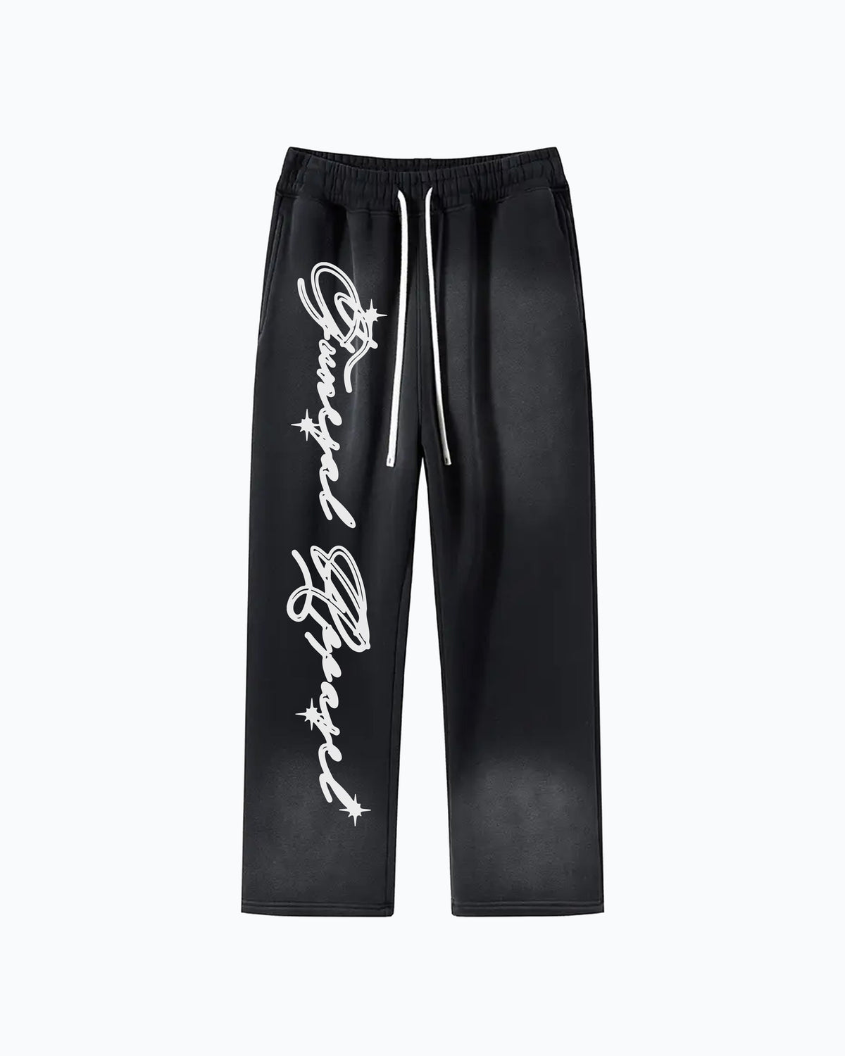 Washed Logo Sweatpants - washed black fleece sweatpants with white drawstrings and vertical white script 'Funeral Apparel' logo on the right leg