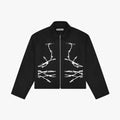 Barbed Wire Carpenter Jacket, flat product shot of a black zip-up jacket with white barbed wire print on the front.