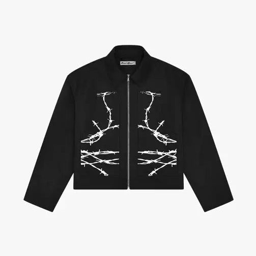 Barbed Wire Carpenter Jacket, flat product shot of a black zip-up jacket with white barbed wire print on the front.