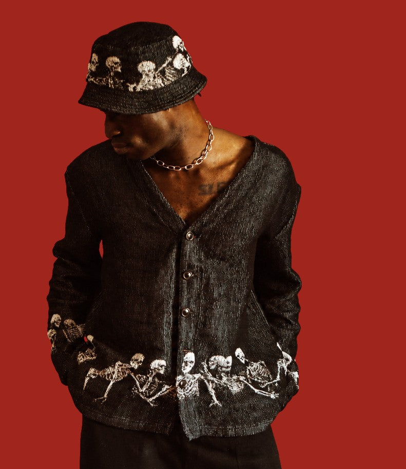 Funeral Apparel Family Ties tapestry cardigan and bucket hat on red